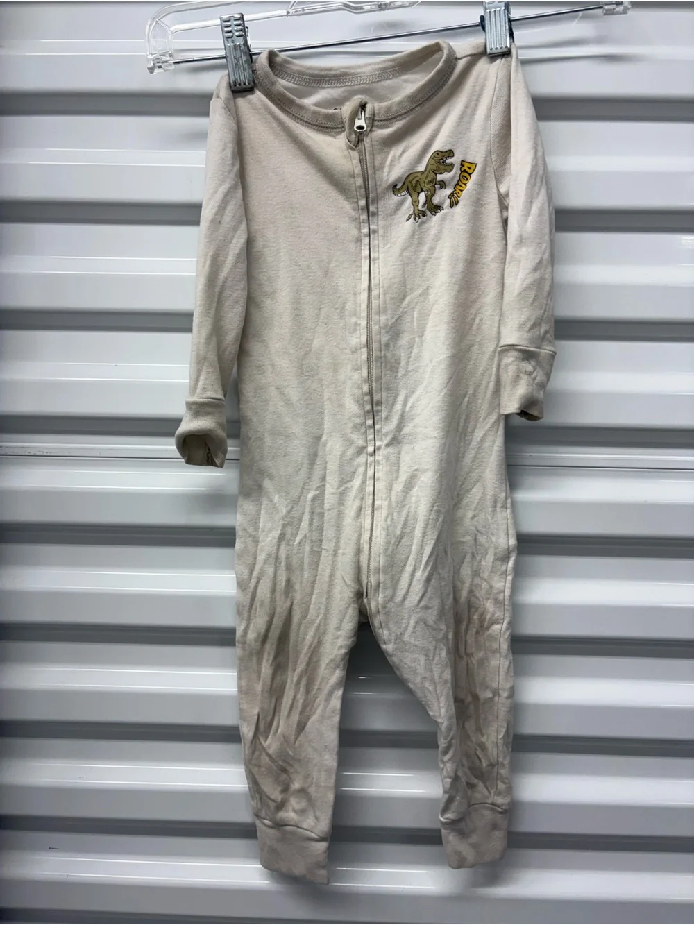 Old Navy 12-18M Cotton Knit Beige Dinosaur Zip One-Piece Coverall Long Sleeve